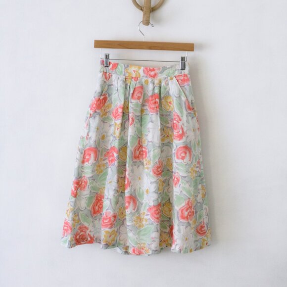 V I N T A G E 90's Irish Linen Floral Print Pleated Midi Skirt - Picture 1 of 5